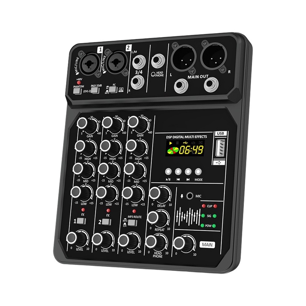 Audio Music Production - มิกเซอร์เสียงแบบพกพา 4 ช่อง รองรับ 48V สำหรับการแสดงกลางแจ้งและการผลิตดนตรี